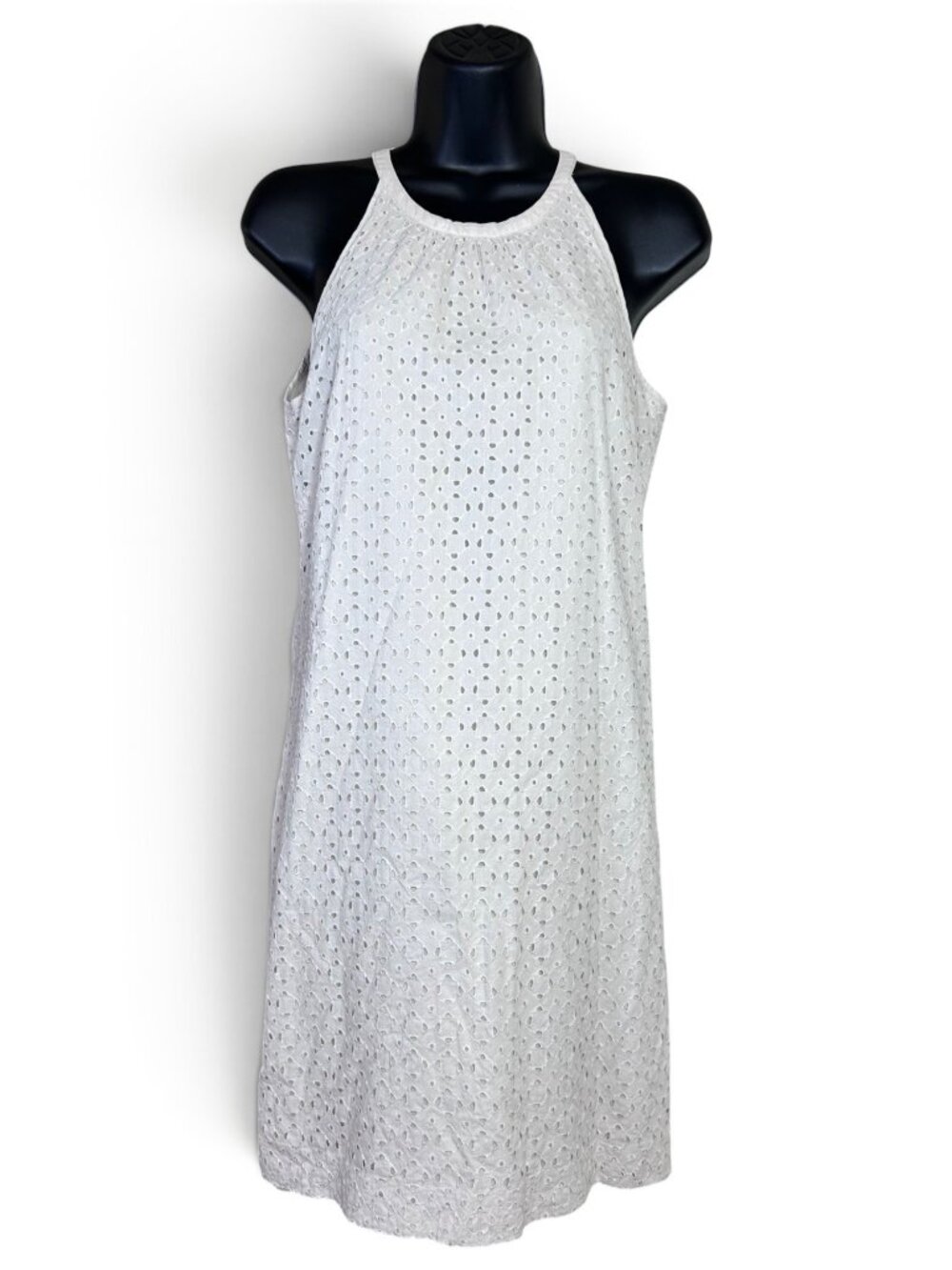 BANANA REPUBLIC Halter Mini Dress Sz 0 Ivory Beige Geometric Eyelet Lined Cotton